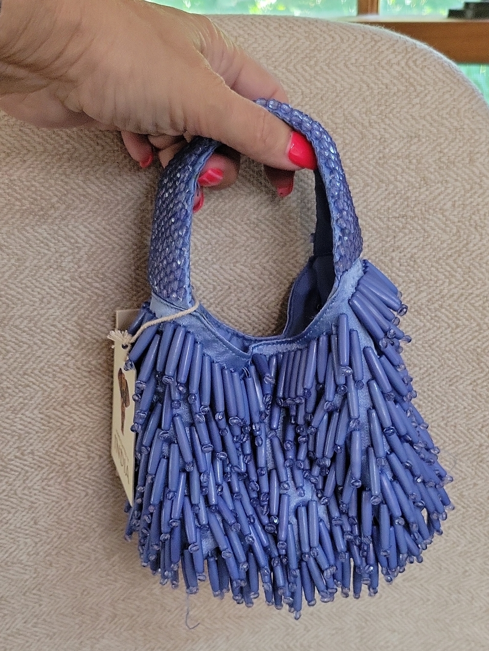 NWT Handcrafted in India Lavender Beaded Fringe Statement Bag Purse - Picture 6 of 7